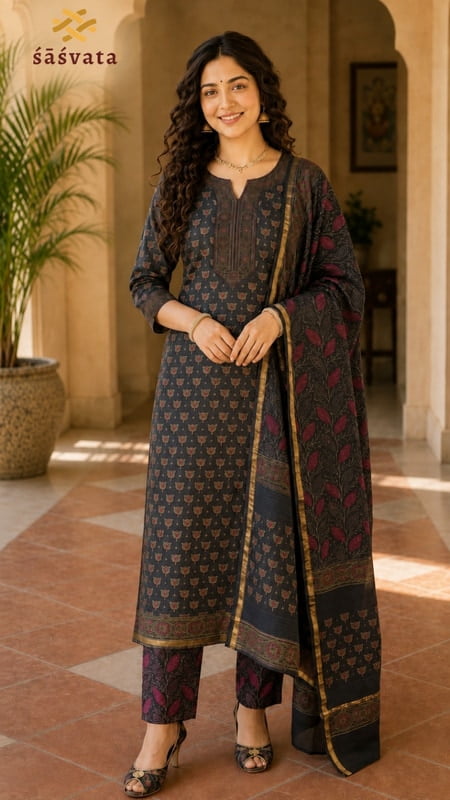 Black Floral Maheshwari Silk Unstitched 3-Piece Suit Material