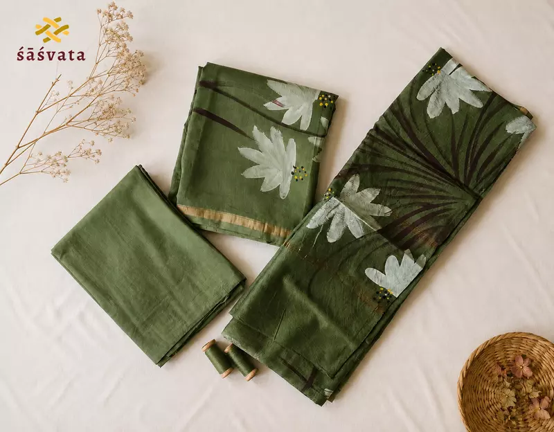 Women Chanderi Silk 3-Piece Dress Material | Floral Print Unstitched Kurta, Pant & Dupatta Set