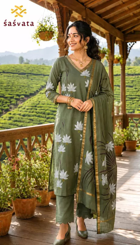 Women Chanderi Silk 3-Piece Dress Material | Floral Print Unstitched Kurta, Pant & Dupatta Set