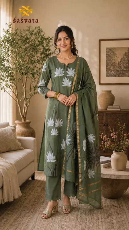 Women Chanderi Silk 3-Piece Dress Material | Floral Print Unstitched Kurta, Pant & Dupatta Set