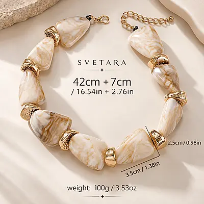 Ivoria Cream Marbled Geometric Gold-Tone Statement Necklace