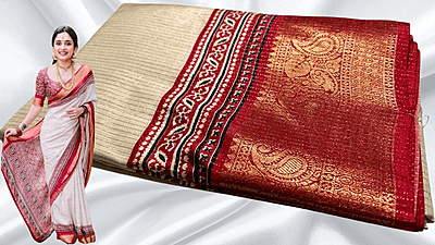 Gold Point Vaira Oosi Silk Saree - Cream & Red