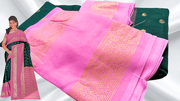 Anushree Soft Retta Patta Saree - Dark Green & Pink