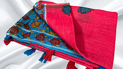 Kalankari Linen Cotton Saree - Red Pink Kalankari Linen Cotton Saree - Red Pink