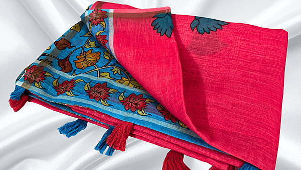 Kalankari Linen Cotton Saree - Red Pink