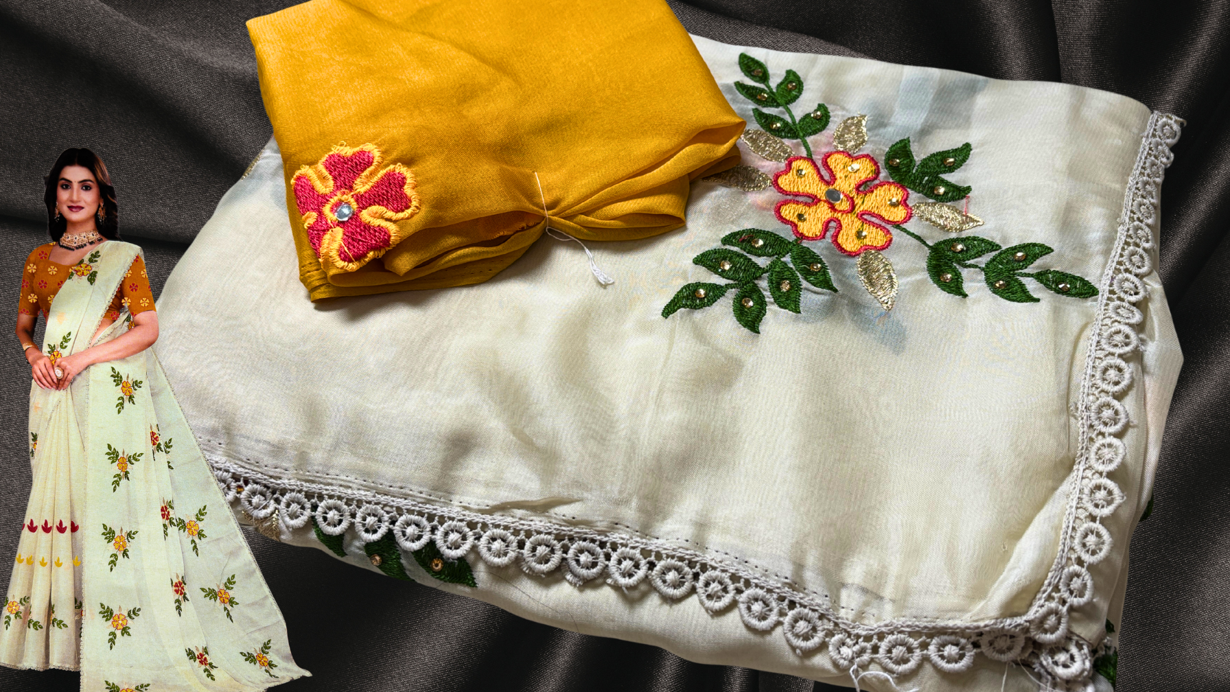 Hurry Rangoli Lace & Embroidery Work Saree - Cream & Yellow