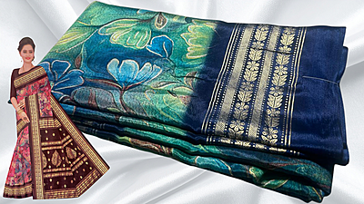 Gold Coin Viscose Digital Floral Foil Saree - Blue Gold Coin Viscose Digital Floral Foil Saree - Blue