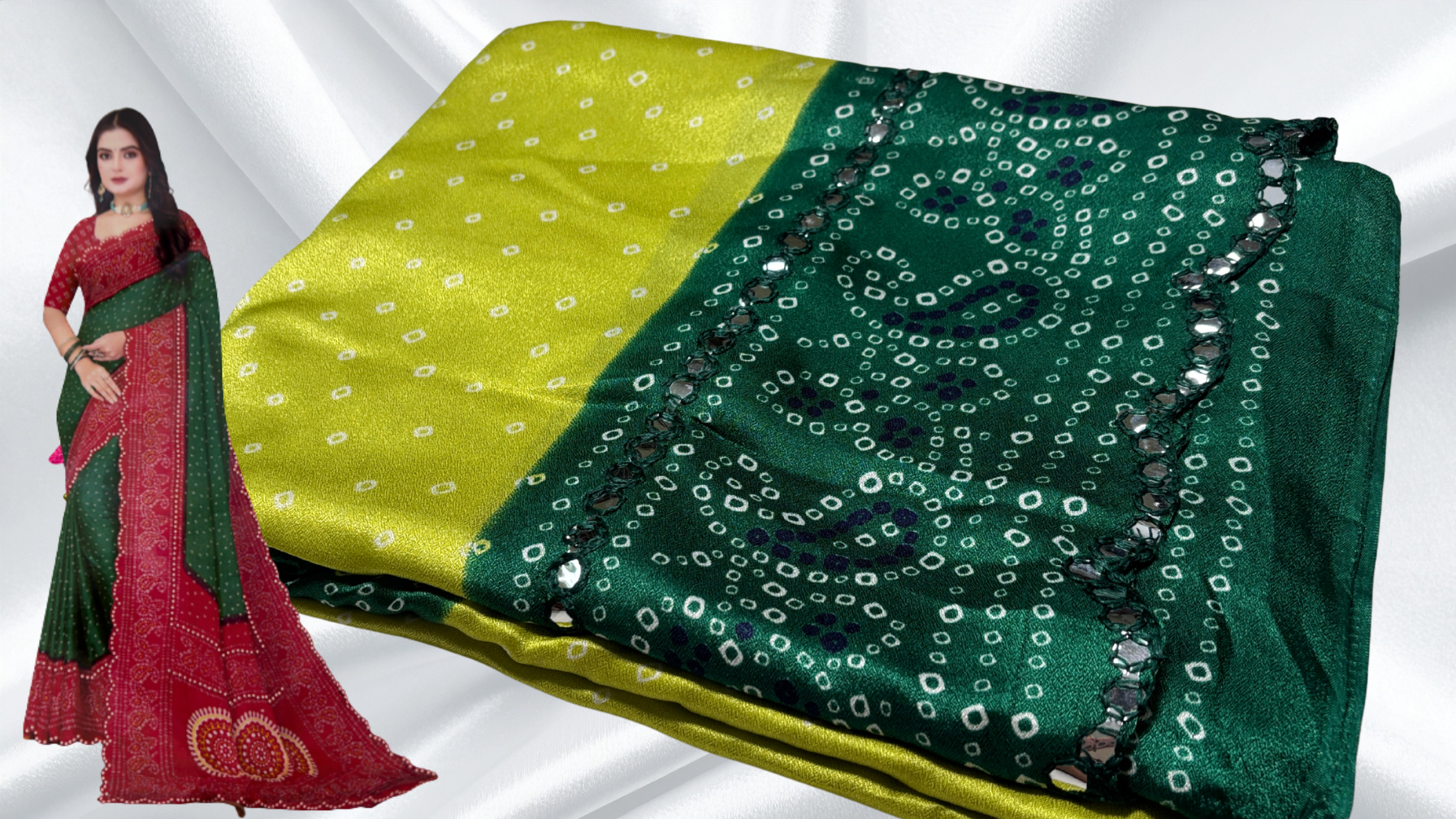 Bandhani Mirror Silk Saree - Pista & Dark Green Bandhani Mirror Silk Saree - Pista & Dark Green