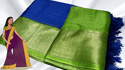 Mangalam Soft Vaira Oosi Saree - Ink Blue & Leaf Green