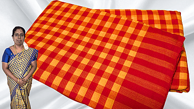 Jyotsna Soft Checks Cotton Saree - Mango & Red