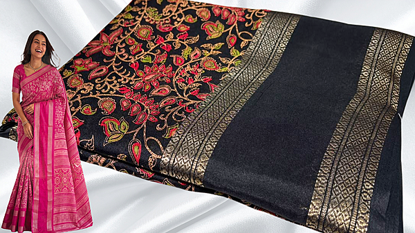 Deepti Retta Patta Floral Silk Saree - Black