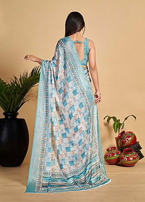 Brush Paint Digital Printed Saree-White-2