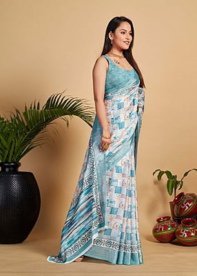 Brush Paint Digital Printed Saree-White-3