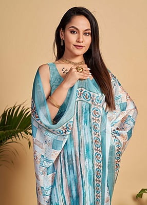 Brush Paint Digital Printed Saree-White-5