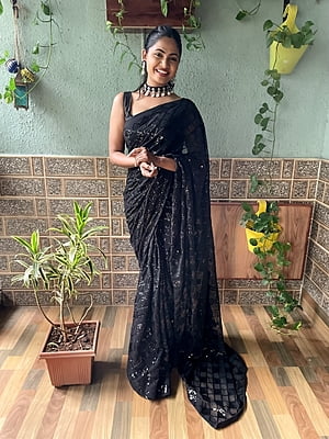 Elegant Sequins Saree-Black