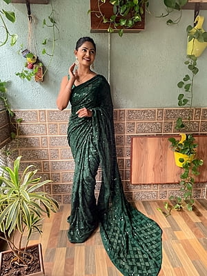 Elegant Sequins Saree-BottleGreen