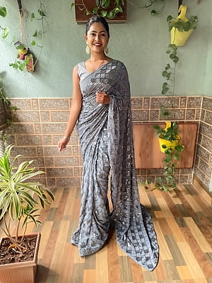 Elegant Sequins Saree-Grey