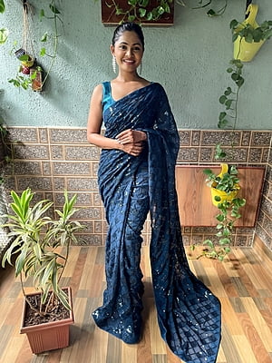 Elegant Sequins Saree-NavyBlue