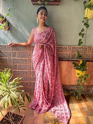 Elegant Sequins Saree-OnionPink