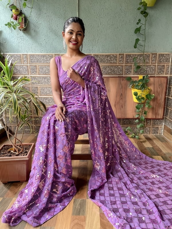Elegant Sequins Saree-Purple