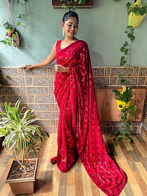 Elegant Sequins Saree-Red