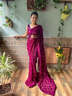 Elegant Sequins Saree-Wine