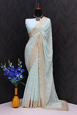 Georgette Sequins Jaal Saree-Blue