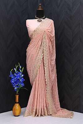 Georgette Sequins Jaal Saree-Peach