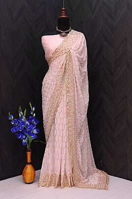 Georgette Sequins Jaal Saree-Pink
