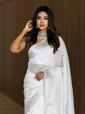 Handloom Linen Weaving Saree-White-2