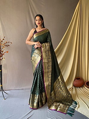 Handloom Silk Saree-HunterGreen