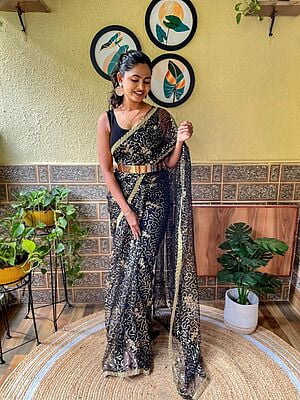 Net Sequins Ready To Drape Saree-Black