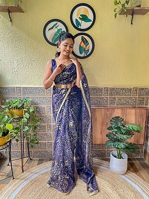 Net Sequins Ready To Drape Saree-NavyBlue