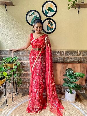 Net Sequins Ready To Drape Saree-Red