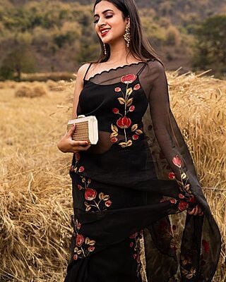 Organza Digital Printed Saree-Black-2