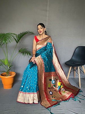 Paithani Silk Saree With Tassels-Blue