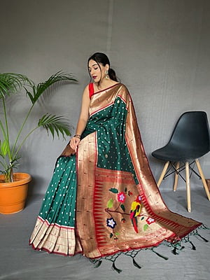 Paithani Silk Saree With Tassels-BottleGreen