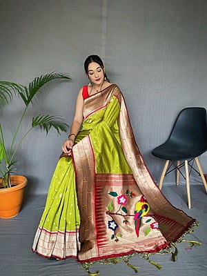 Paithani Silk Saree With Tassels-Green
