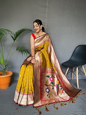 Paithani Silk Saree With Tassels-Mustard