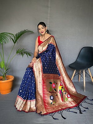 Paithani Silk Saree With Tassels-NavyBlue