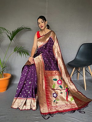 Paithani Silk Saree With Tassels-Purple