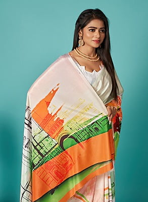 Traditional Digital Printed Saree-White-2