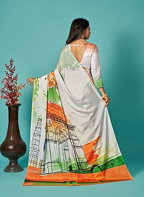 Traditional Digital Printed Saree-White-3