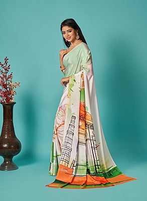 Traditional Digital Printed Saree-White-4