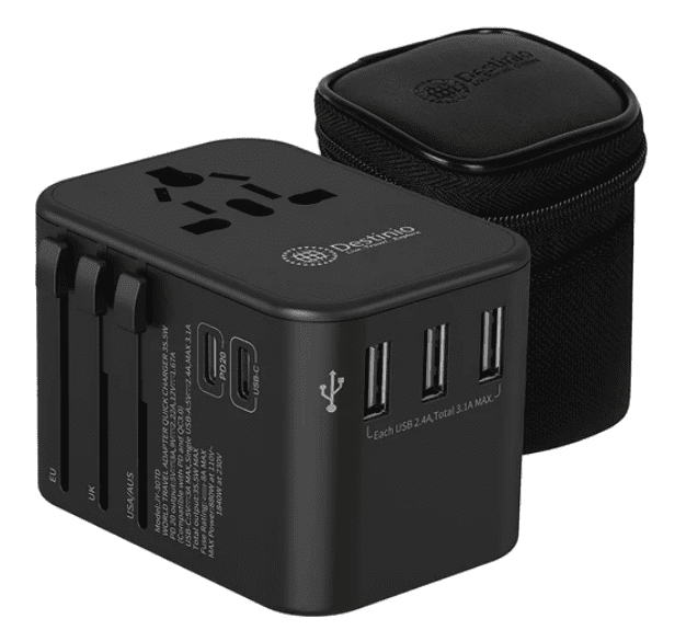 Destinio Type C Universal Travel Adapter with PD and 3 USB Ports, Black