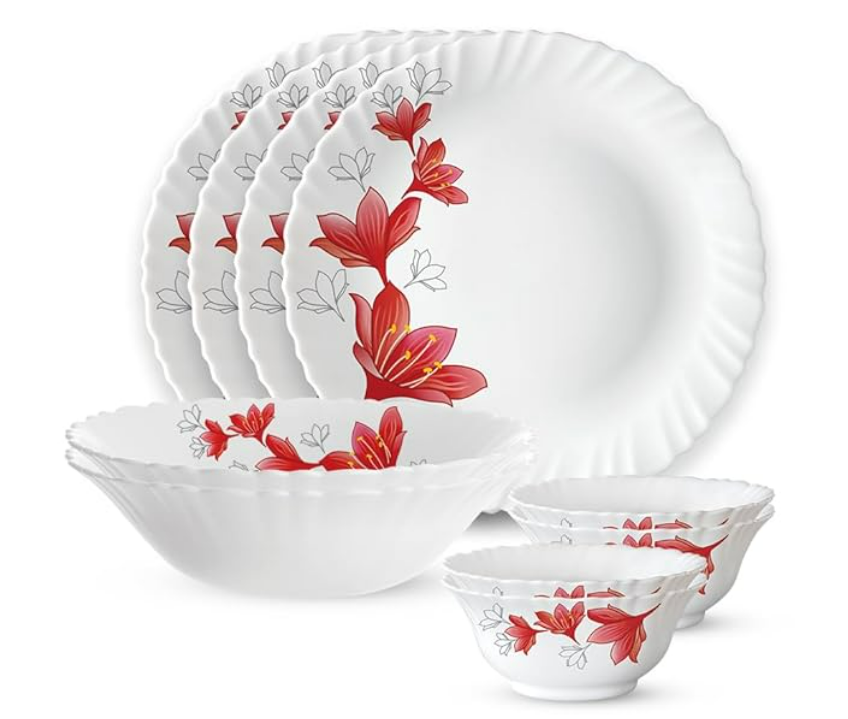 Larah by Borosil Fluted Series Ruby Opalware Dinner Set | 10 Piece for Family of 4 | Microwave & Dishwasher Safe | Bone-Ash Free | Crockery Set for Dining & Gifting | Plates & Bowls | White