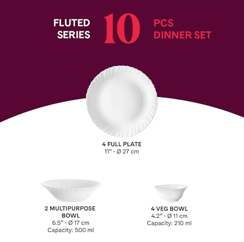 Larah by Borosil Fluted Series Ruby Opalware Dinner Set | 10 Piece for Family of 4 | Microwave & Dishwasher Safe | Bone-Ash Free | Crockery Set for Dining & Gifting | Plates & Bowls | White