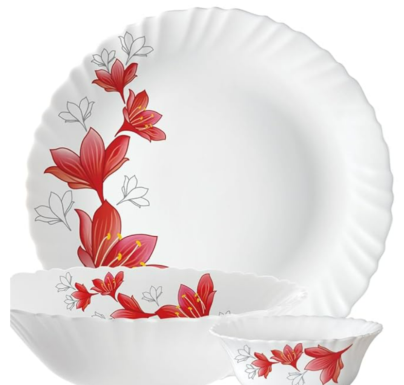 Larah by Borosil Fluted Series Ruby Opalware Dinner Set | 10 Piece for Family of 4 | Microwave & Dishwasher Safe | Bone-Ash Free | Crockery Set for Dining & Gifting | Plates & Bowls | White