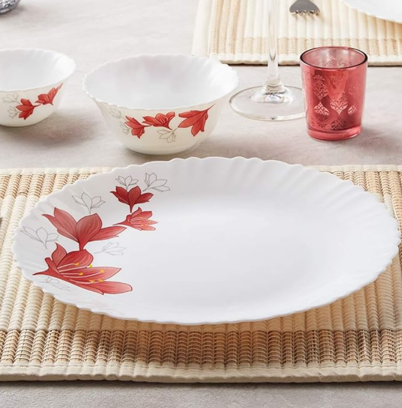 Larah by Borosil Fluted Series Ruby Opalware Dinner Set | 10 Piece for Family of 4 | Microwave & Dishwasher Safe | Bone-Ash Free | Crockery Set for Dining & Gifting | Plates & Bowls | White