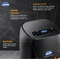 KENT Star Air Fryer | 4 L Capacity | Fry, Grill, Roast, Bake | 80% less oil | 80˚C to 200˚C | 60-minutes timer | Auto shut off | Black